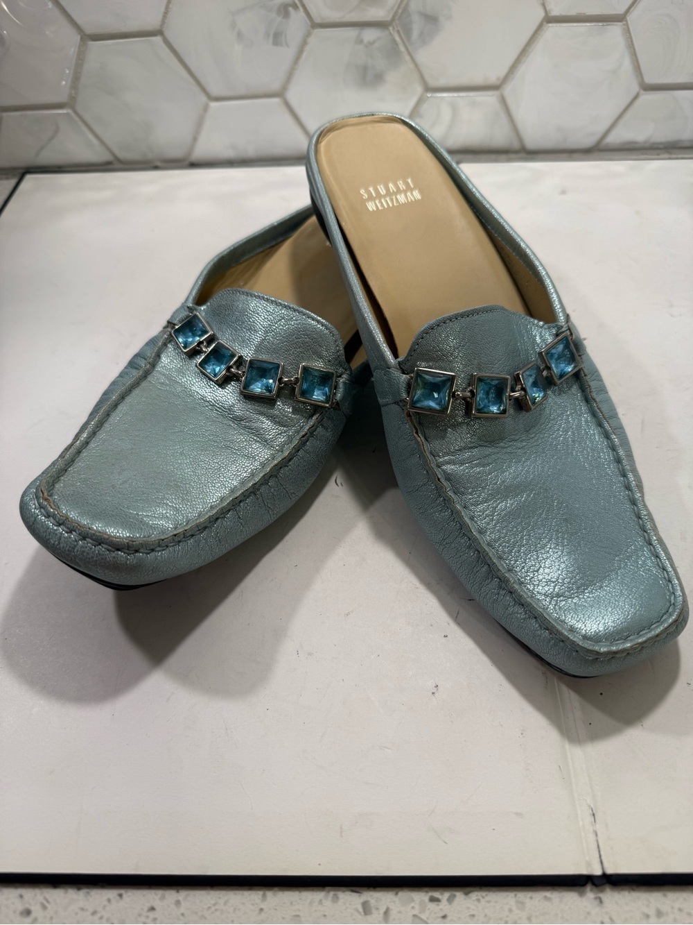 Stuart Weitzman Blue Metallic Slip On Mule Flats Square Toe Beaded Embellished